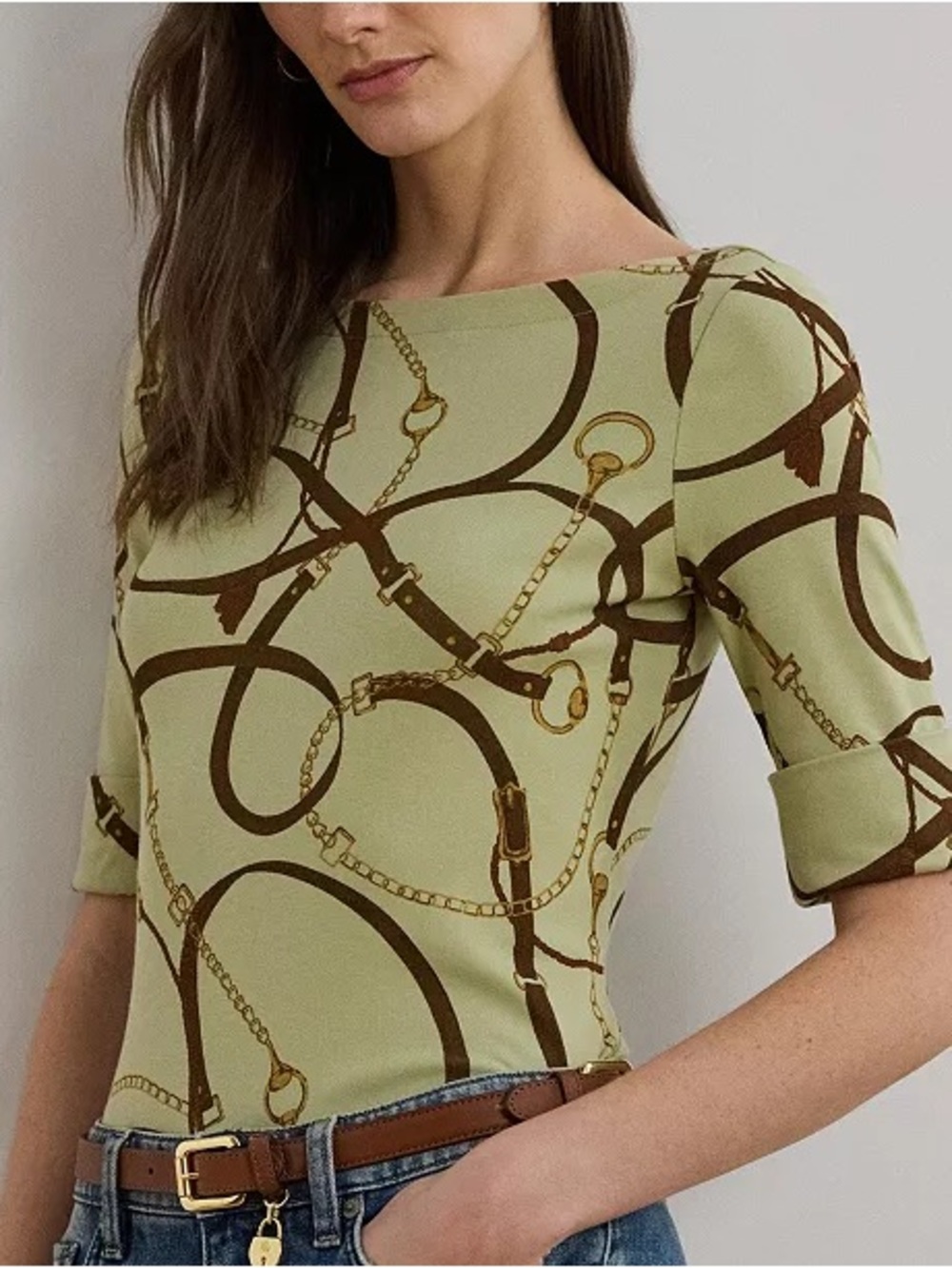 Lauren Ralph Lauren Belting-Print Cotton-Blend Boatneck Tee, size small, NWOT